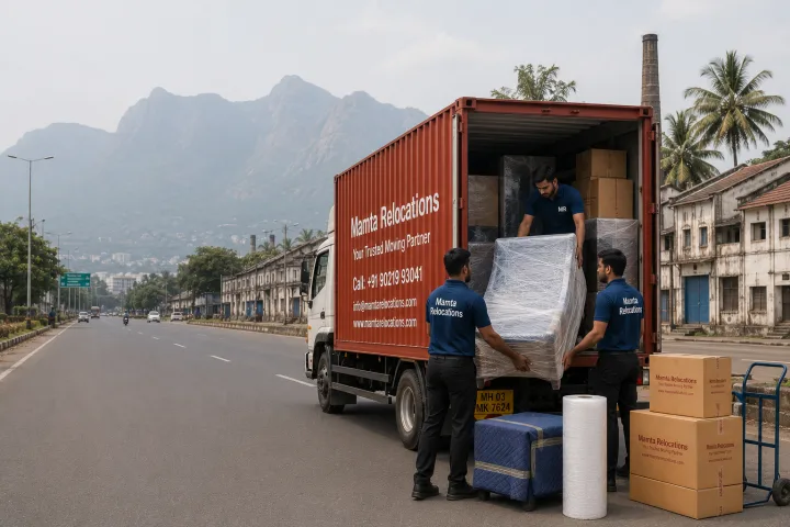 Mamta Relocations crew loading stretch-wrapped furniture and labelled cartons into their truck on a Coimbatore road with the hazy Western Ghats