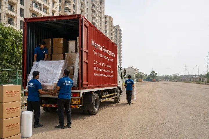 Mamta Relocations crew loading stretch-wrapped furniture and labelled cartons into their truck outside a dense Faridabad NCR apartment society