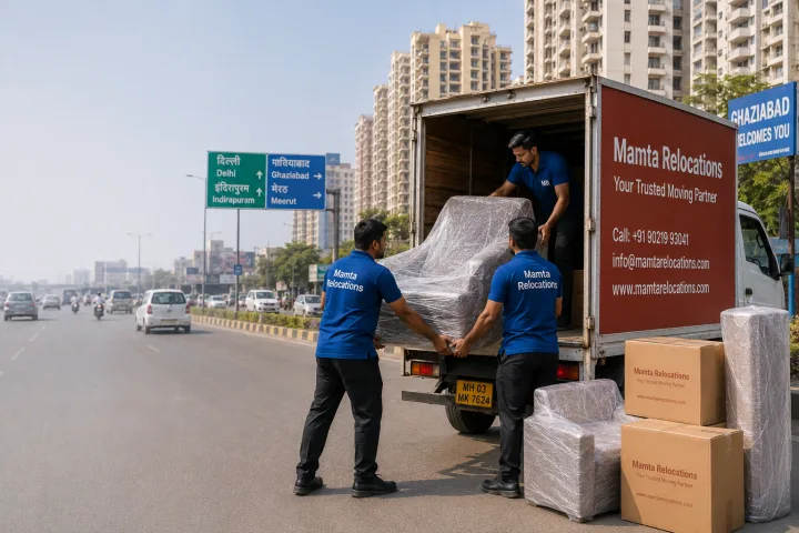 Mamta Relocations crew loading stretch-wrapped furniture and labelled cartons into their truck on a busy Ghaziabad arterial road beside mid-rise
