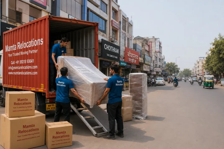 Mamta Relocations crew loading stretch-wrapped furniture and labelled cartons into their truck on a clean, bustling Indore market road with
