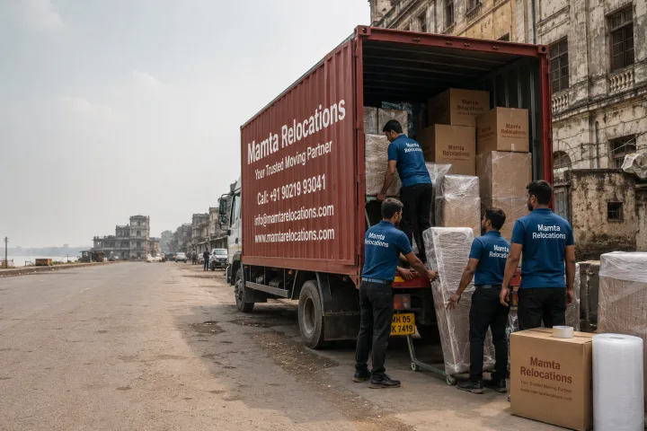 Mamta Relocations crew loading stretch-wrapped furniture and labelled cartons into their truck on an older industrial Kanpur street with