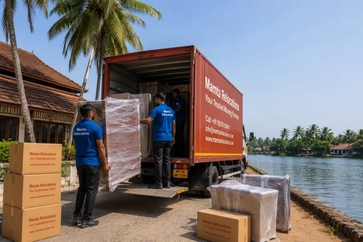 Mamta Relocations crew loading stretch-wrapped furniture and labelled cartons into their truck beside a Kochi backwater fringed with coconut