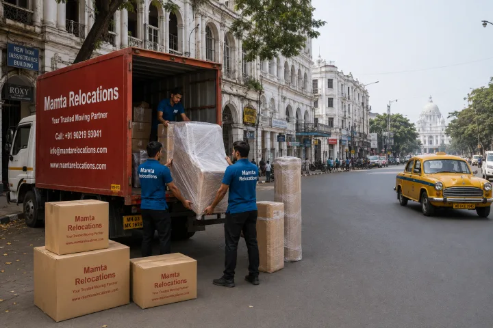 Mamta Relocations crew loading stretch-wrapped furniture and labelled cartons into their truck on a heritage Kolkata street with colonial
