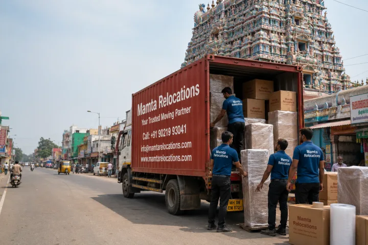 Mamta Relocations crew loading stretch-wrapped furniture and labelled cartons into their truck on a Madurai street with the Meenakshi temple
