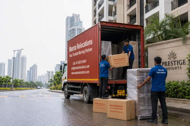 Mamta Relocations crew loading stretch-wrapped furniture and labelled cartons into their truck outside a tall Mumbai high-rise society amid