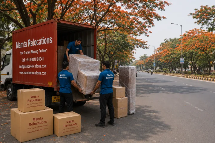 Mamta Relocations crew loading stretch-wrapped furniture and labelled cartons into their truck on a wide, clean Nagpur road shaded by
