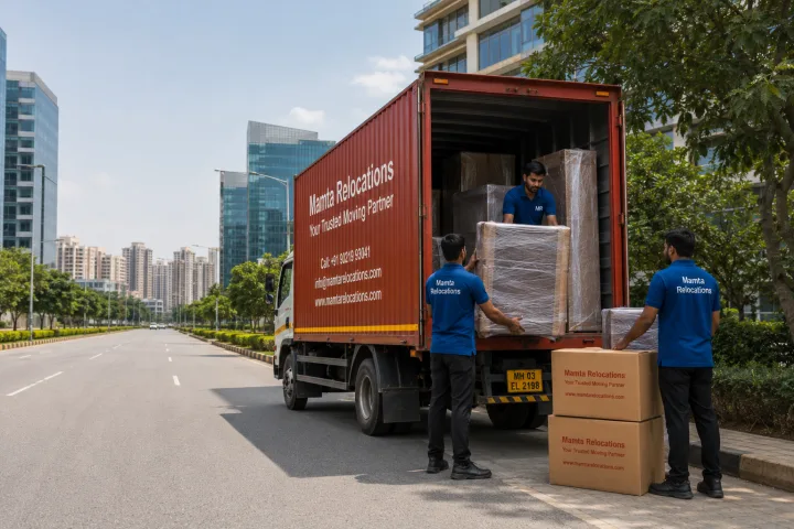 Mamta Relocations crew loading stretch-wrapped furniture and labelled cartons into their truck on a broad planned Noida sector road with glass