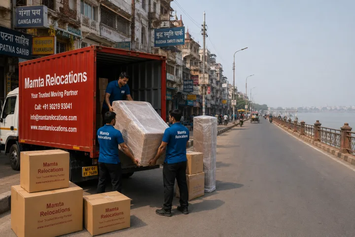 Mamta Relocations crew loading stretch-wrapped furniture and labelled cartons into their truck on a Patna road near the Ganges riverfront lined