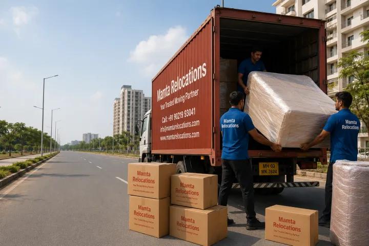 Mamta Relocations crew loading stretch-wrapped furniture and labelled cartons into their truck on a wide, newly built Raipur road in a planned
