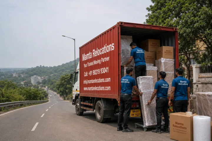 Mamta Relocations crew loading stretch-wrapped furniture and labelled cartons into their truck on a hilly, green Ranchi road set against the