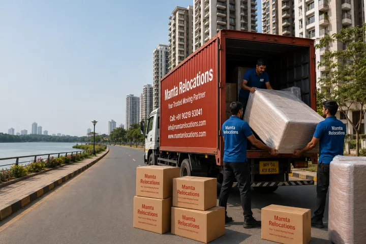 Mamta Relocations crew loading stretch-wrapped furniture and labelled cartons into their truck outside a cluster of Thane high-rise societies