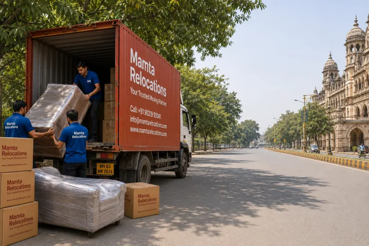 Mamta Relocations crew loading stretch-wrapped furniture and labelled cartons into their truck on a leafy Vadodara avenue near a heritage palace