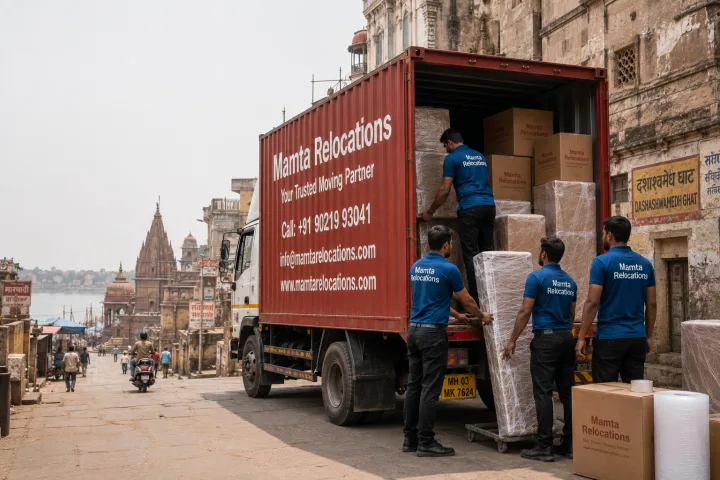 Mamta Relocations crew loading stretch-wrapped furniture and labelled cartons into their truck in a narrow ancient Varanasi lane near the ghats