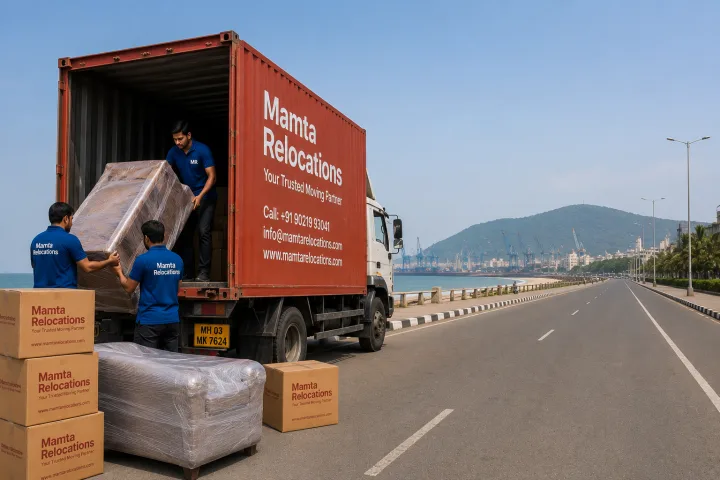Mamta Relocations crew loading stretch-wrapped furniture and labelled cartons into their truck on a Visakhapatnam coastal road with the beach