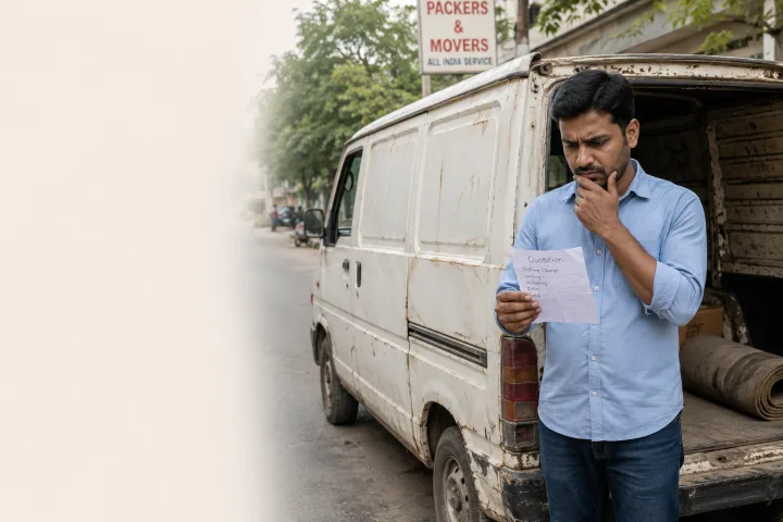 Cautious customer frowning while inspecting a battered unmarked van and a vague handwritten quotation slip on a roadside — a subtle warning mood