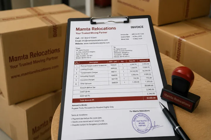 Close, honest shot of an official itemised relocation invoice on a clipboard with a rubber stamp and pen, sealed cartons softly blurred in the