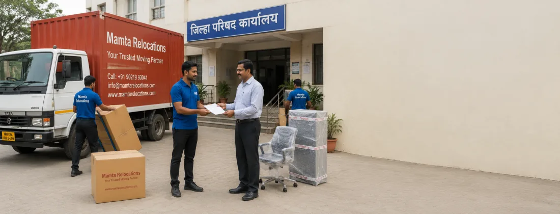 Trust scene of a Mamta Relocations truck and uniformed crew outside a plain government office building as an employee hands over move documents