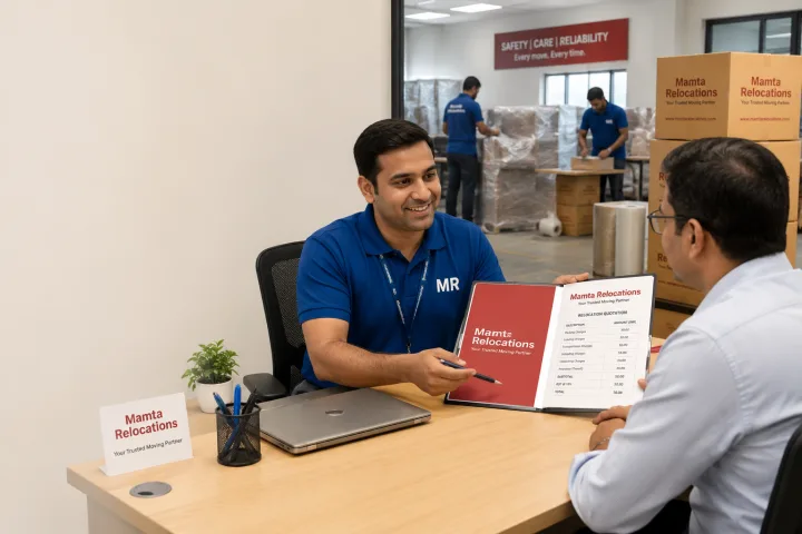 Mamta Relocations executive presenting an itemised relocation quotation folder to a corporate customer across a tidy office desk, a