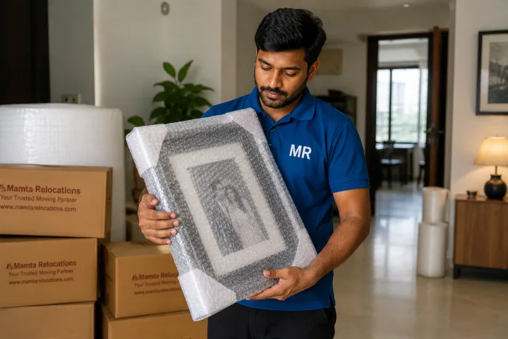 Single mover cradling a carefully bubble-wrapped framed photograph against his chest with both hands, soft home interior behind — conveying care