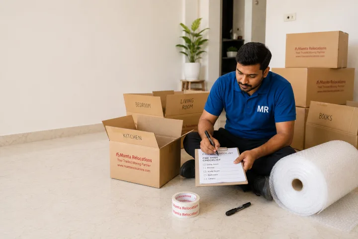 Organised pre-move floor scene: empty labelled cartons, a marker, a checklist and a roll of bubble wrap laid out as a person plans the packing