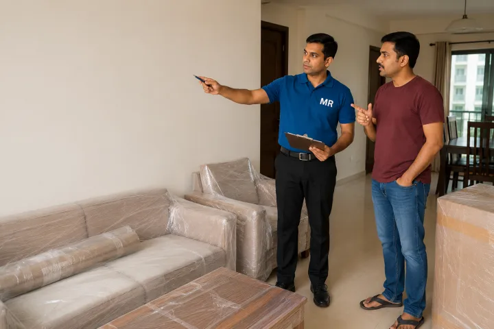Supervisor with a clipboard conducting a pre-move home survey, pointing at furniture and noting items while the homeowner watches and explains