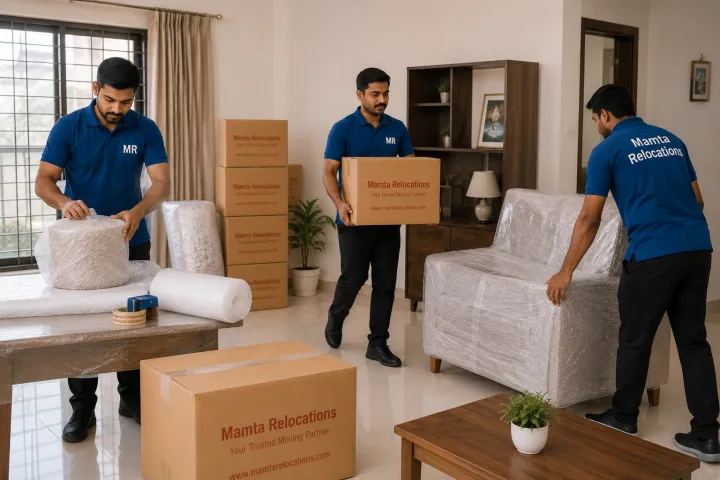 Coordinated crew executing a smooth move in one room — one wrapping, one carrying a sealed carton, one positioning protected furniture — orderly