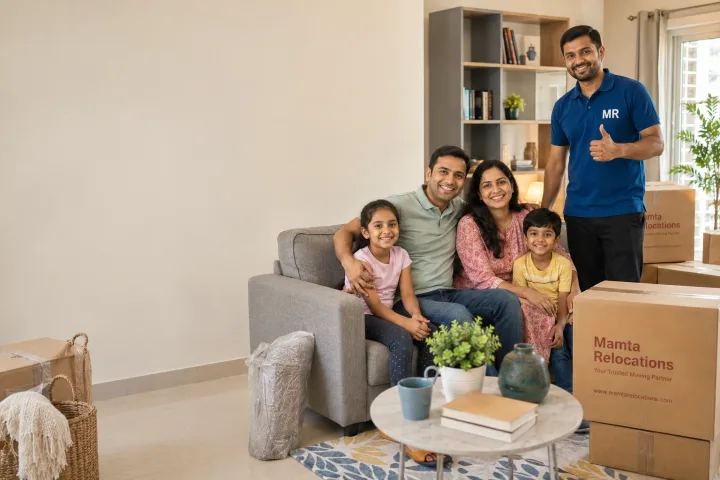 Genuinely delighted Indian family in their newly settled living room surrounded by just-unpacked belongings, giving a warm smile as a Mamta