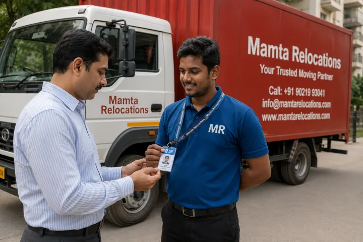 Confident customer checking a Mamta crew member's photo ID card and branded uniform beside the company truck before booking — a reassuring