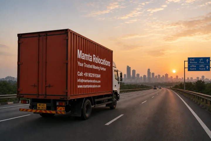 Mamta Relocations truck travelling along an open Indian highway at sunrise heading toward a distant city skyline — a forward-looking sense of