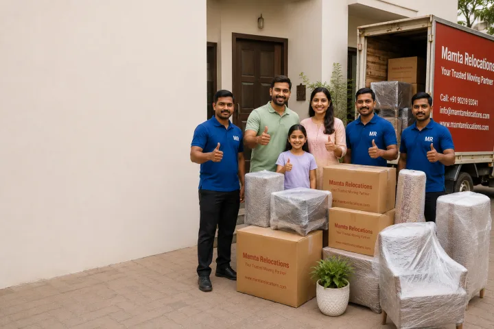 Mamta Relocations crew and a happy family giving a relaxed thumbs-up beside a freshly unloaded, wrapped household at a new-home doorstep