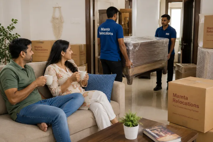 Relaxed couple sipping tea on a sofa, calmly watching uniformed movers carefully carry wrapped furniture into their new flat — a stress-free