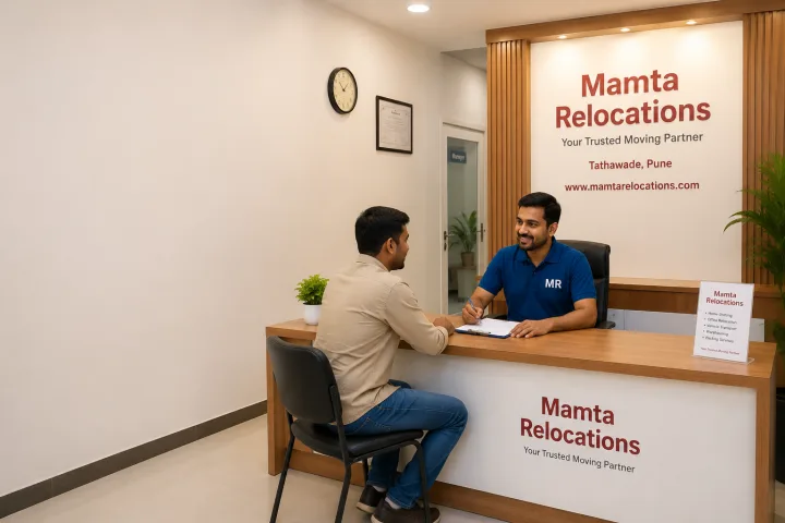 Welcoming front office of Mamta Relocations in Tathawade, Pune — a friendly staff member at a tidy reception desk ready to help a walk-in