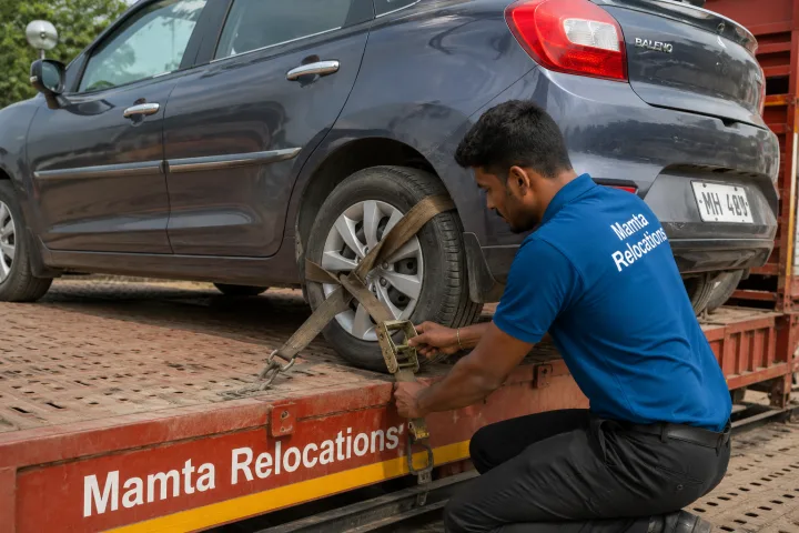 A hatchback secured on the carrier bed with soft wheel straps and ratchet tie-downs, a mover tightening the strap and checking the lock — Mamta