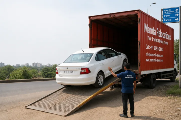 Sedan being carefully driven up the ramp onto a single-level enclosed car carrier on an Indian roadside, a crew member guiding with hand signals