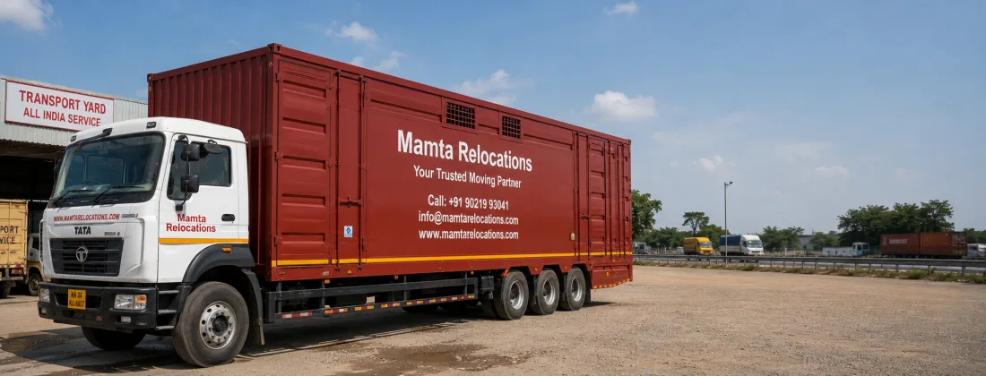 Multi-car carrier loaded with two or three protected cars chained and strapped, parked in a transport yard ready to depart on a highway — Mamta