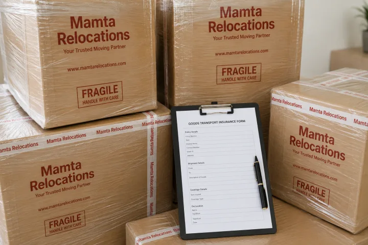 Fully wrapped cartons stamped FRAGILE beside a clipboard holding a plain insurance form and pen — conveying covered, protected goods — Mamta