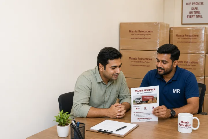 Customer and a Mamta Relocations executive seated at a table reviewing a printed transit-insurance document together, neatly wrapped cartons in