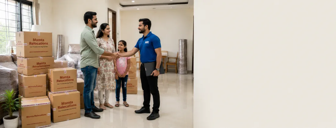 Reassuring scene of a family standing beside neatly stacked, insured cartons in their new home as the executive shakes hands with the homeowner