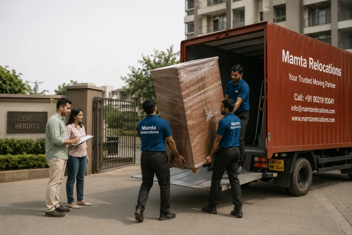 Mamta Relocations crew carrying a stretch-wrapped wooden almirah toward the open tail-lift of their truck outside a mid-rise residential society