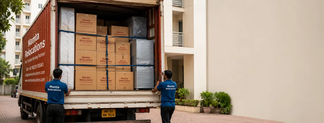 A fully loaded truck interior — neatly stacked labelled cartons held by cargo straps, a wrapped mattress and refrigerator secured along the