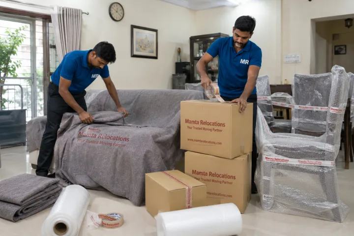 Inside a bright Indian living room mid-pack: two movers wrapping a sofa in protective blankets and sealing cartons, dining chairs already