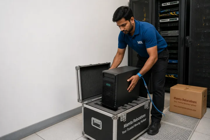 Crew member wearing an anti-static wrist strap lowering a desktop server tower into a foam-lined flight case inside a small server room — Mamta