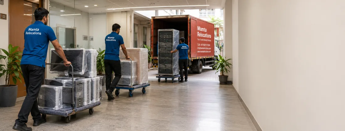 Scene of wrapped CPUs, monitors and a server rack on padded trolleys being wheeled toward the truck through an office corridor — Mamta