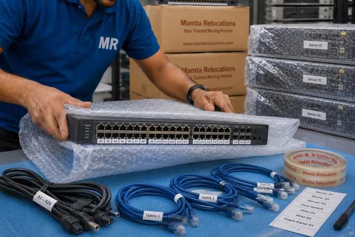 Rack servers and network switches being bubble-wrapped and labelled with port tags, cables coiled and tagged on an anti-static mat — Mamta