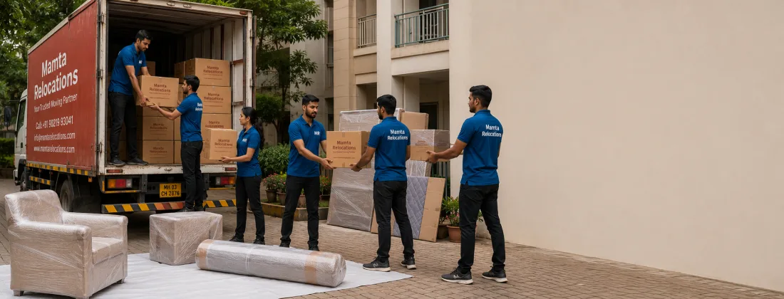 Team unloading a truck at a society — a human chain passing labelled cartons hand to hand, wrapped furniture set down on protective sheets
