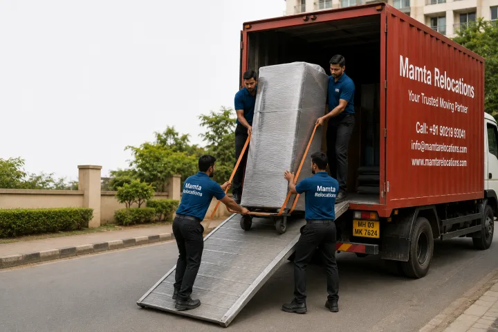 Four movers lowering a wrapped refrigerator down the truck ramp using a furniture trolley and lifting straps with correct technique — Mamta