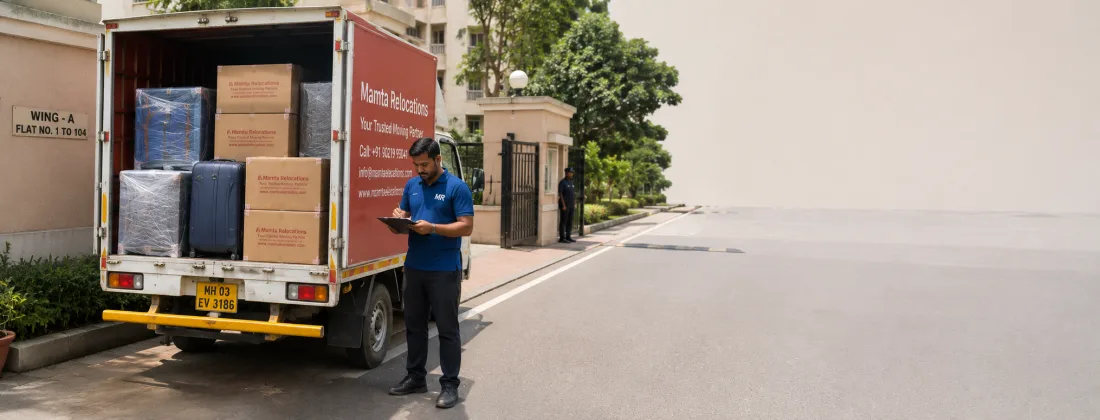 A tempo neatly loaded with stacked parcels and wrapped suitcases at an apartment gate, a mover ticking a delivery slip — Mamta Relocations