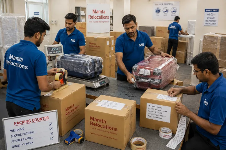 Crew at a packing counter weighing, taping and shrink-wrapping suitcases and cartons, attaching address labels to each parcel — Mamta Relocations