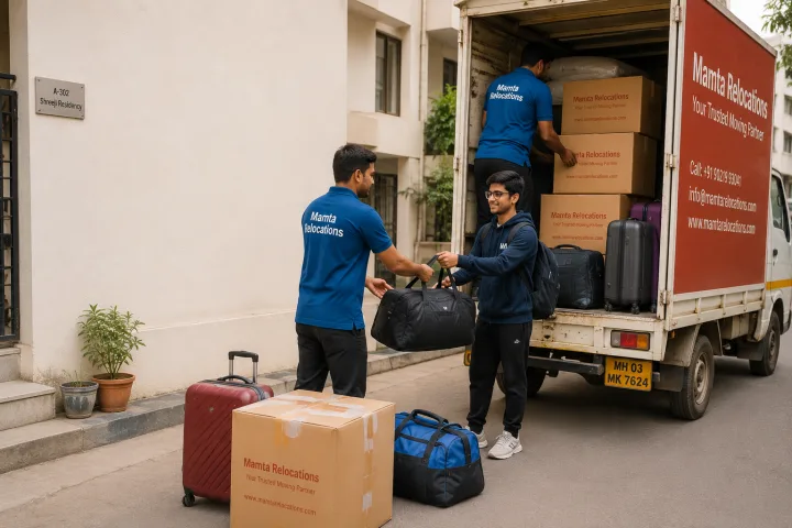 Doorstep pickup of suitcases and duffel bags: a mover loading taped parcels into a small tempo while a student hands over a final bag — Mamta