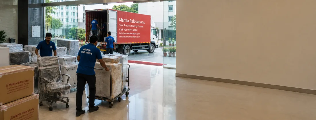 Early-morning office floor cleared for relocation — rows of wrapped furniture and strapped equipment trolleys lined up ready, crew loading into
